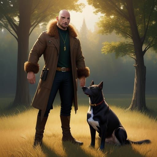 Man and Pitbull in Golden Hour Field, Vibrant Oil Painting