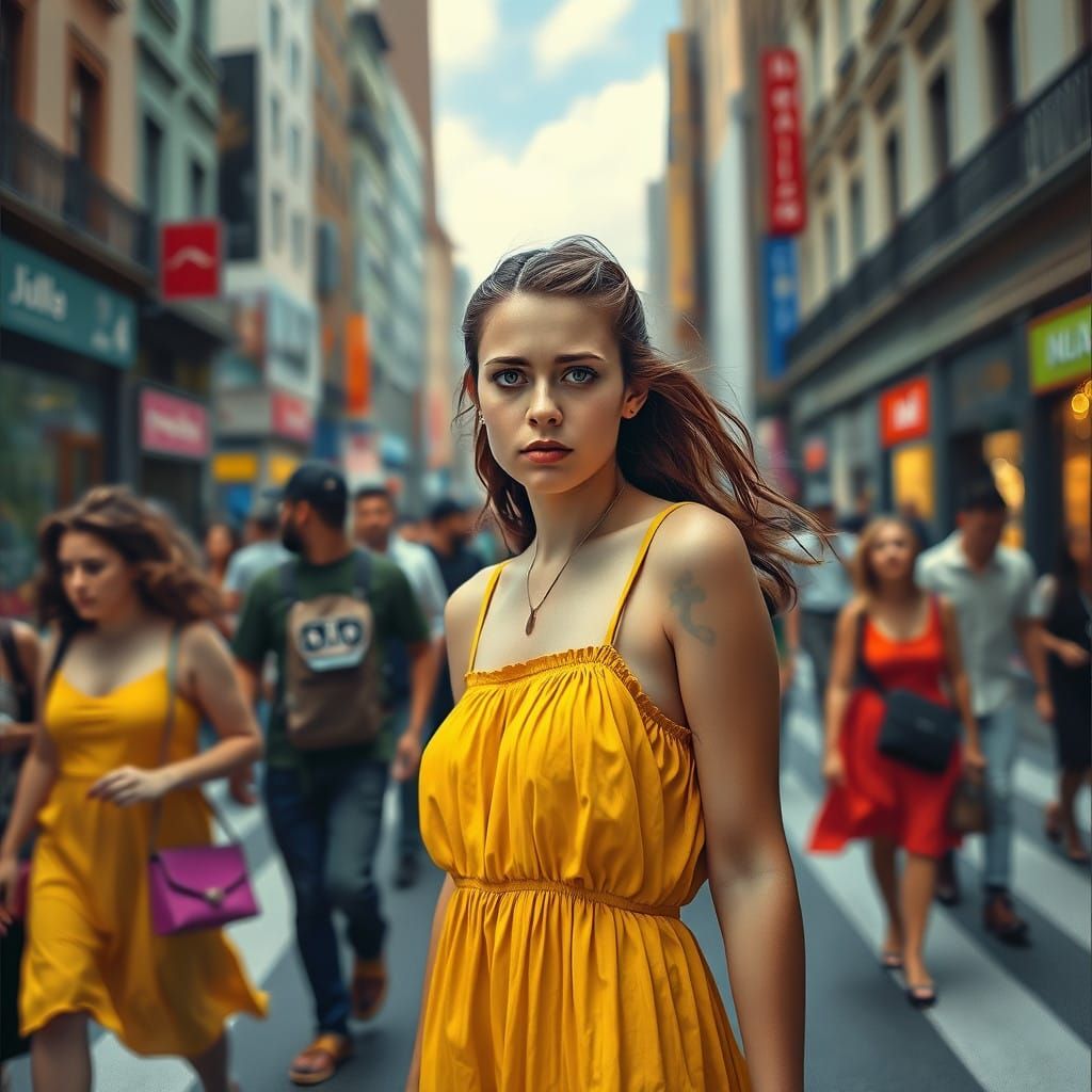 Young Woman in a Surreal Street Scene with Dreamlike Atmosph...