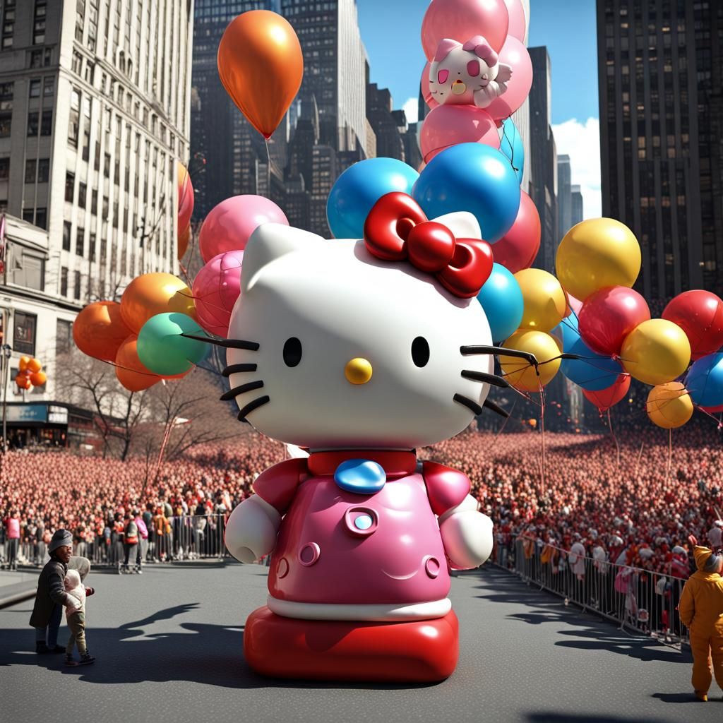 Hello Kitty balloonicle, parade balloon, Macy's Thanksgiving day parade in NYC, 1970s, cinematic lighting, realistic, da...