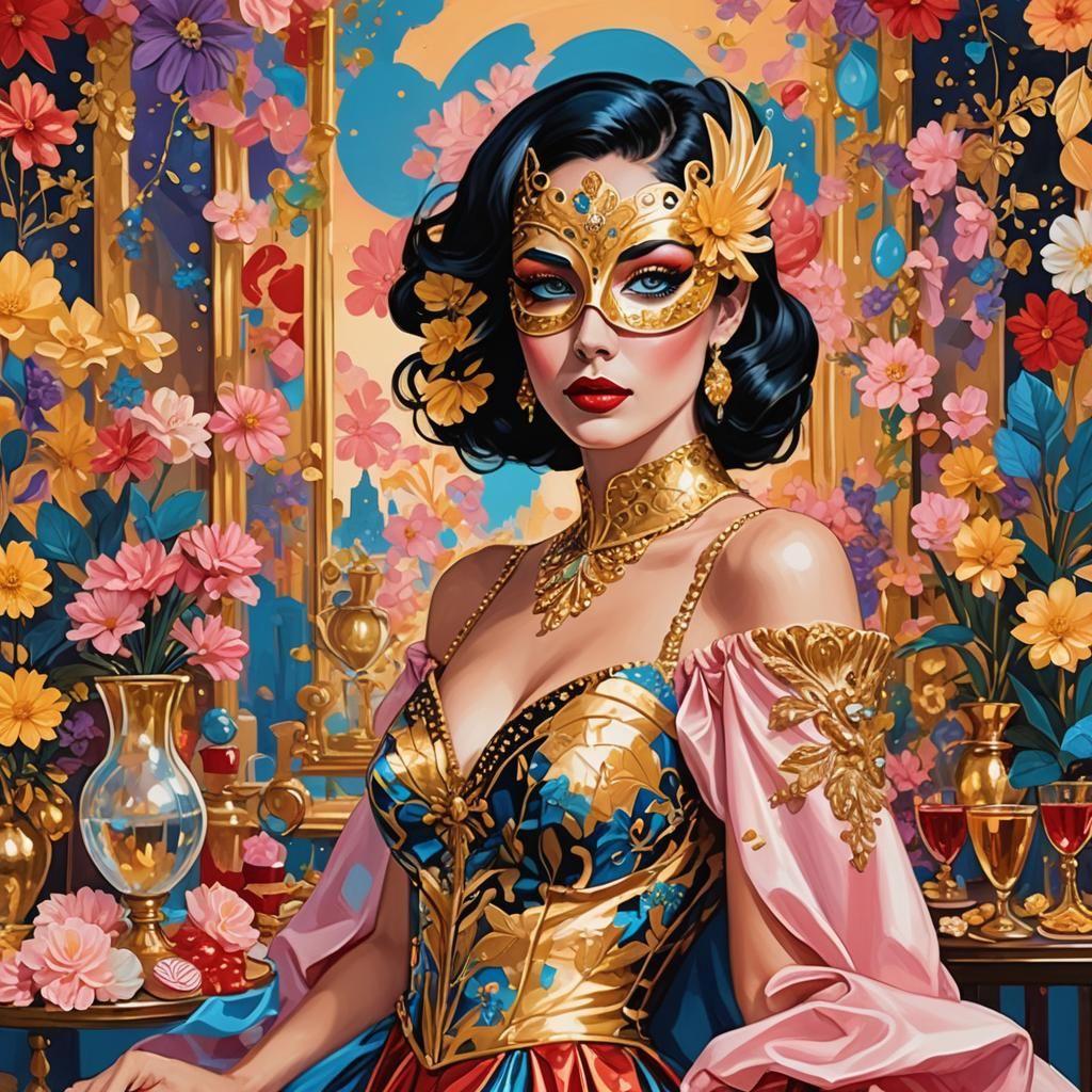 Pop Art Influencer in Gold Mardi Gras Mask