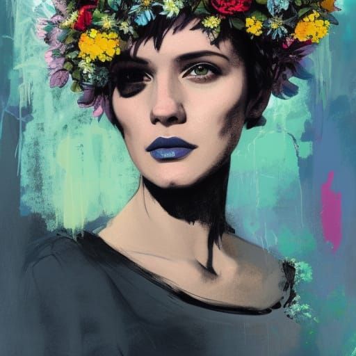 Punk Woman with Flowers: Oil and Street Art Fusion