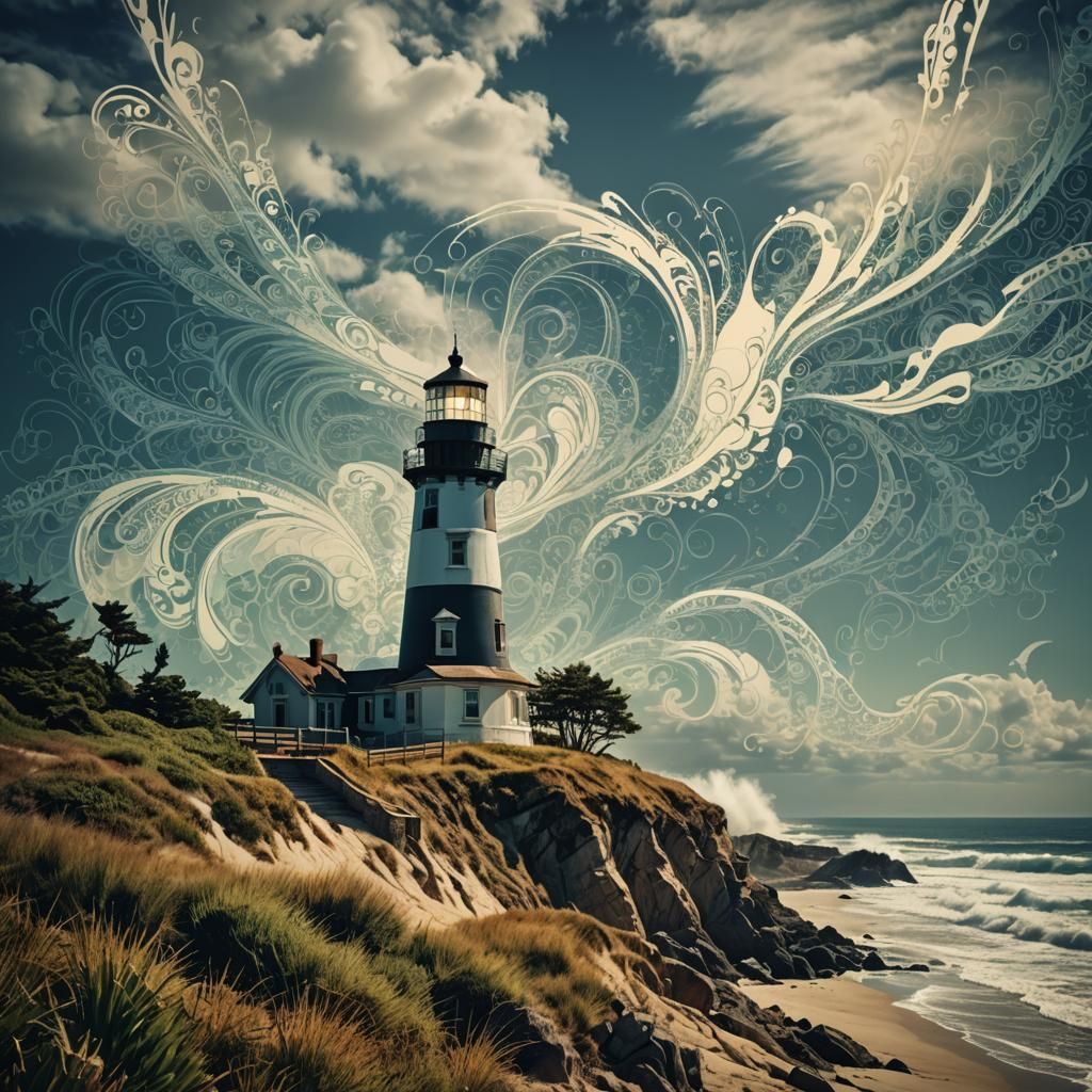Dramatic Lighthouse on Beach as Abstract Painting
