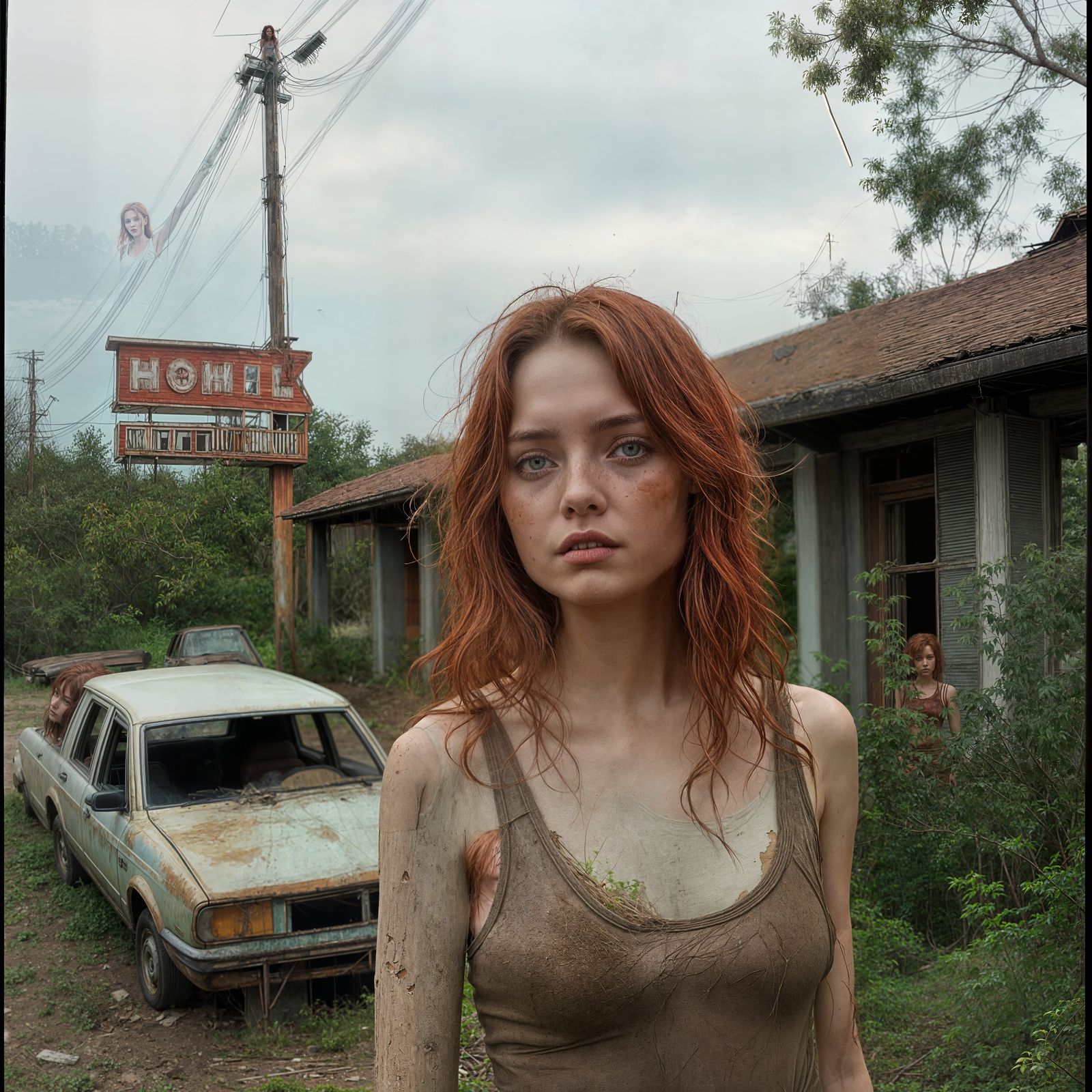 Red Haired Woman Stands Beside Crumbling Starlite Motel