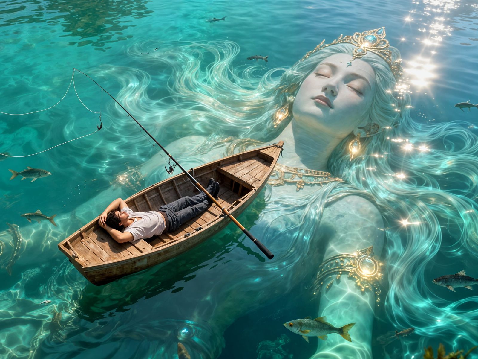 Mystical Lake Scene: Sleeping Man & Submerged Goddess