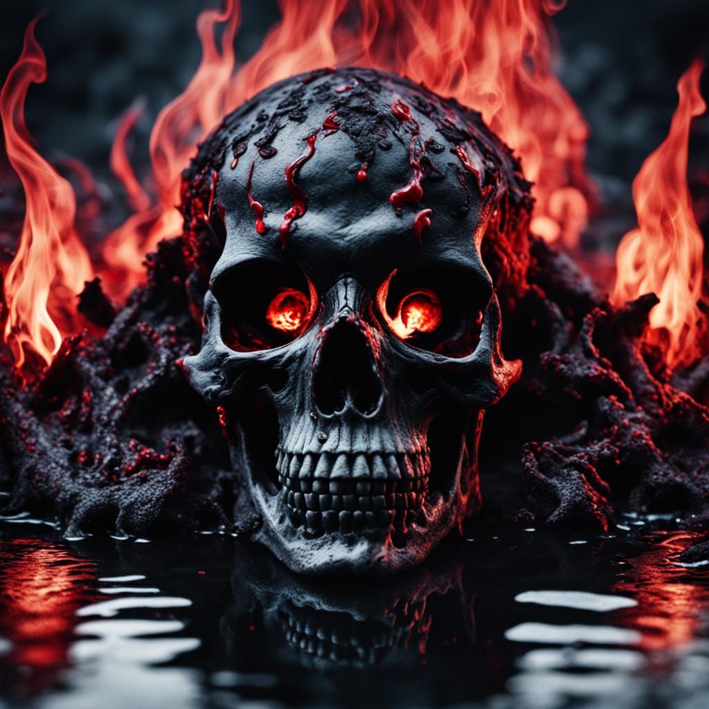 Black Skull Dissolving in Blood and Flames