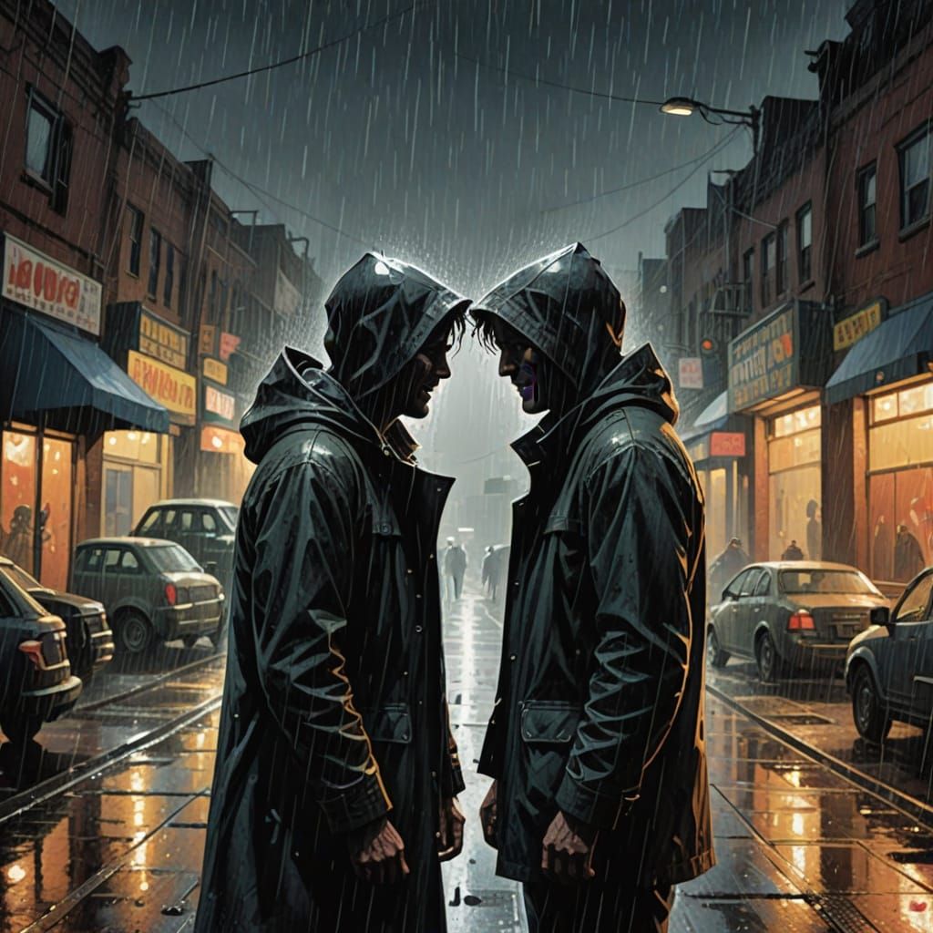 Contrasting Figures in Rain and Sunlight, Comic Book Style