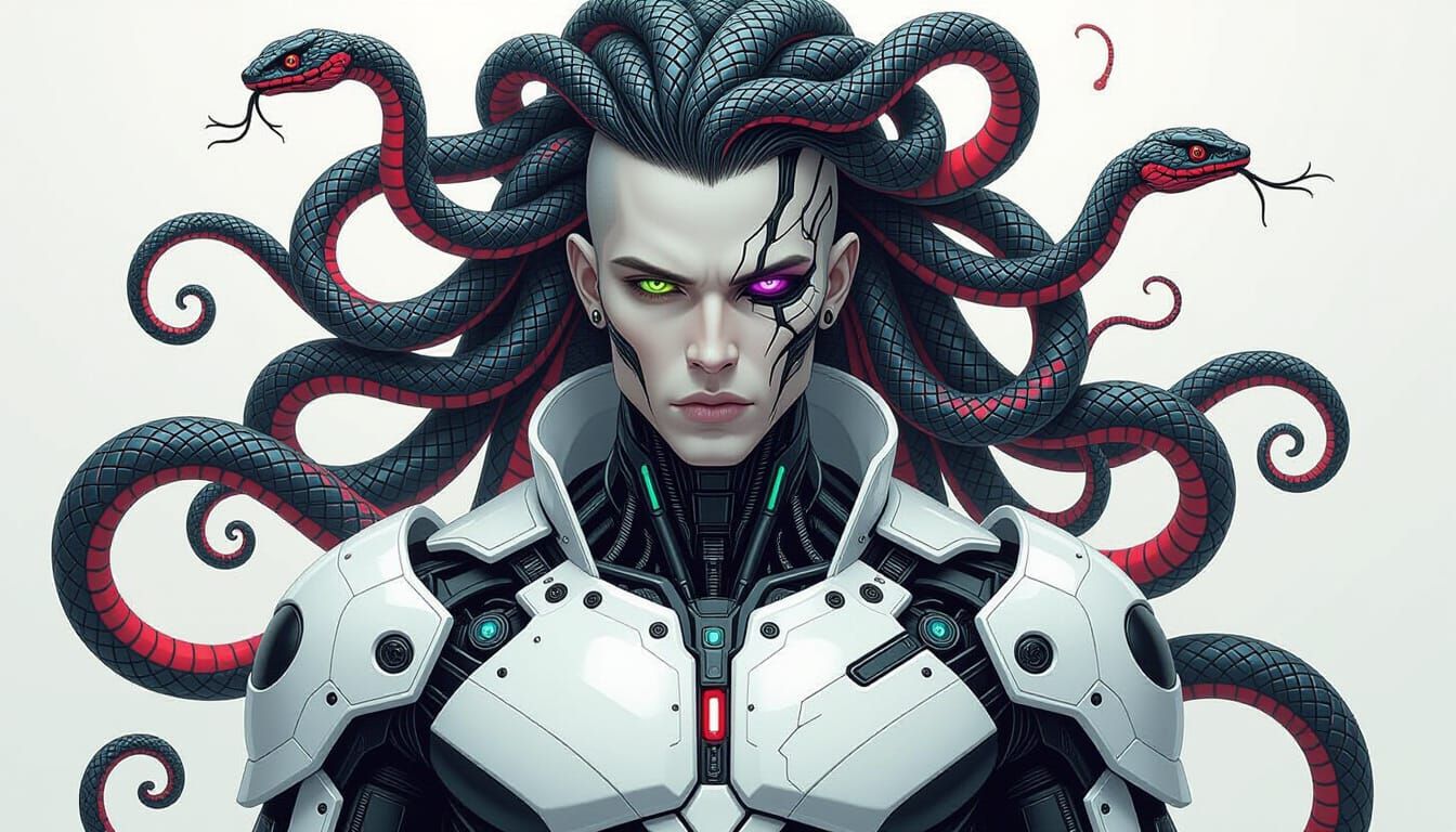 Cyborg Medusa with Dragon Tattoos in Biomechanical Style