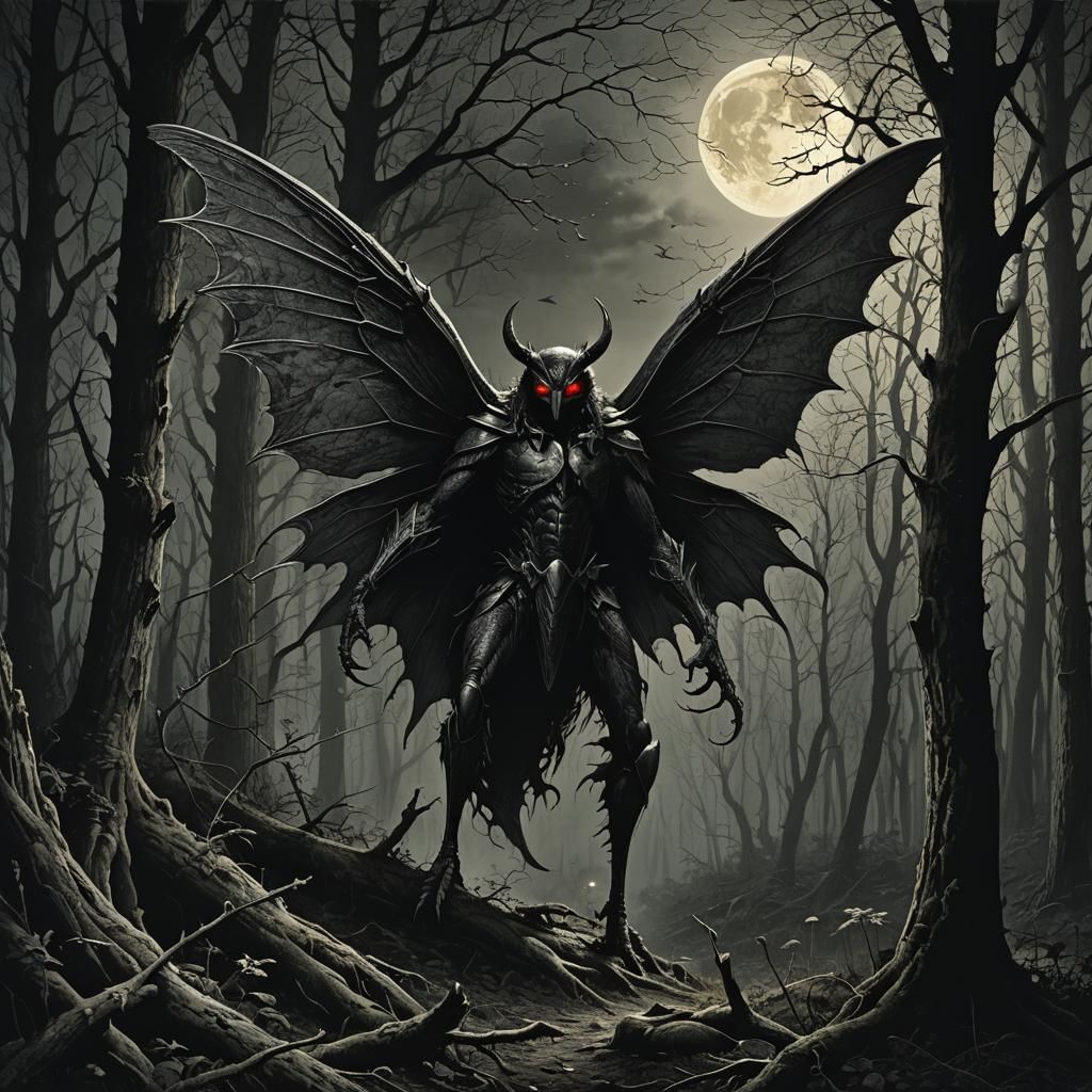 Mothman Lurking in Dark Forest: Gothic Horror Art