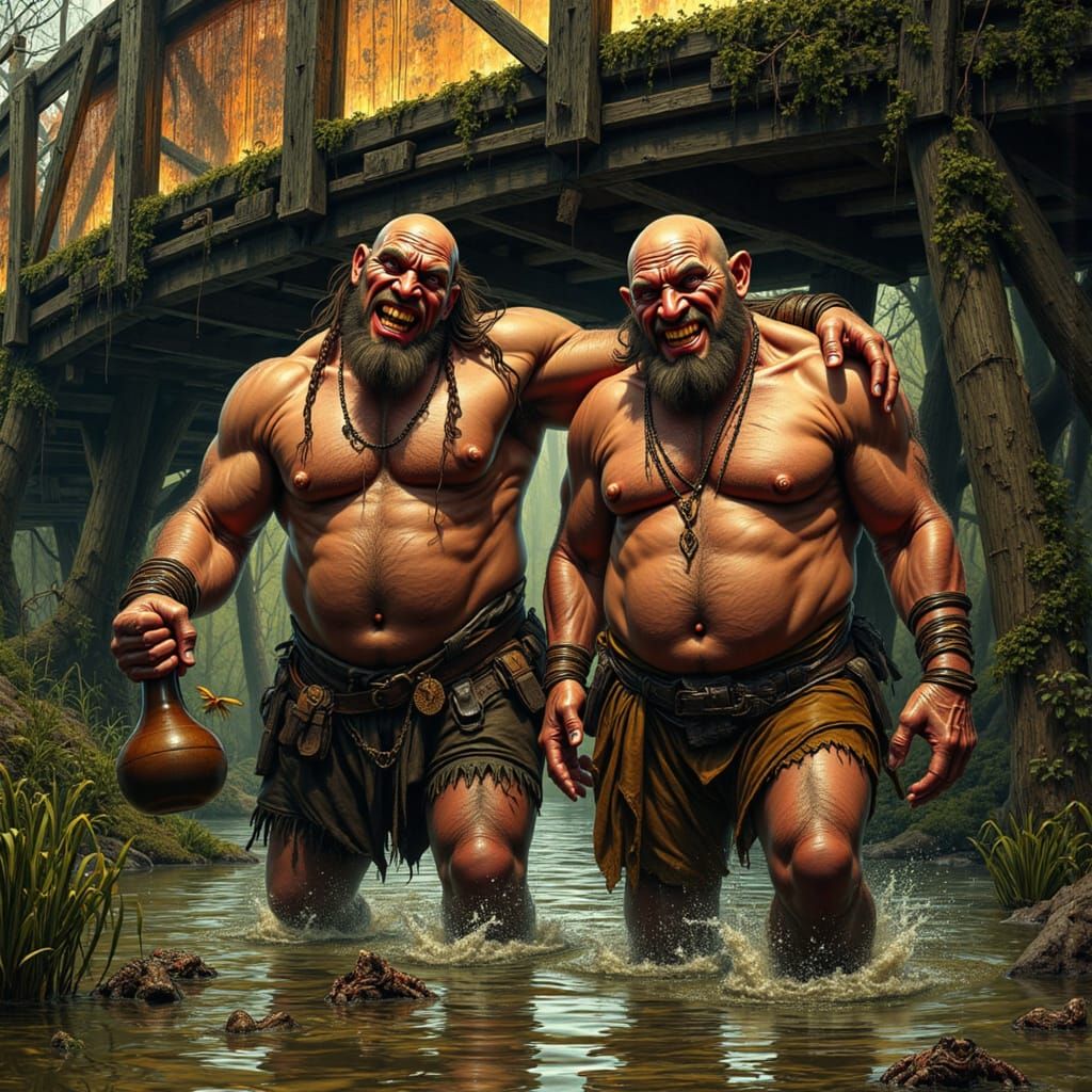 Drunk Ogres Wade Under Medieval Bridge in Dark Fantasy Art