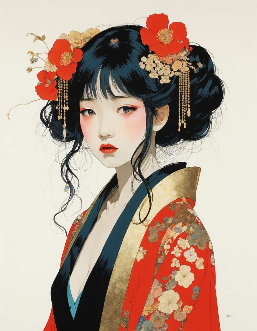 by Conrad Roset and Gustav Klimt and Yoshitaka Amano