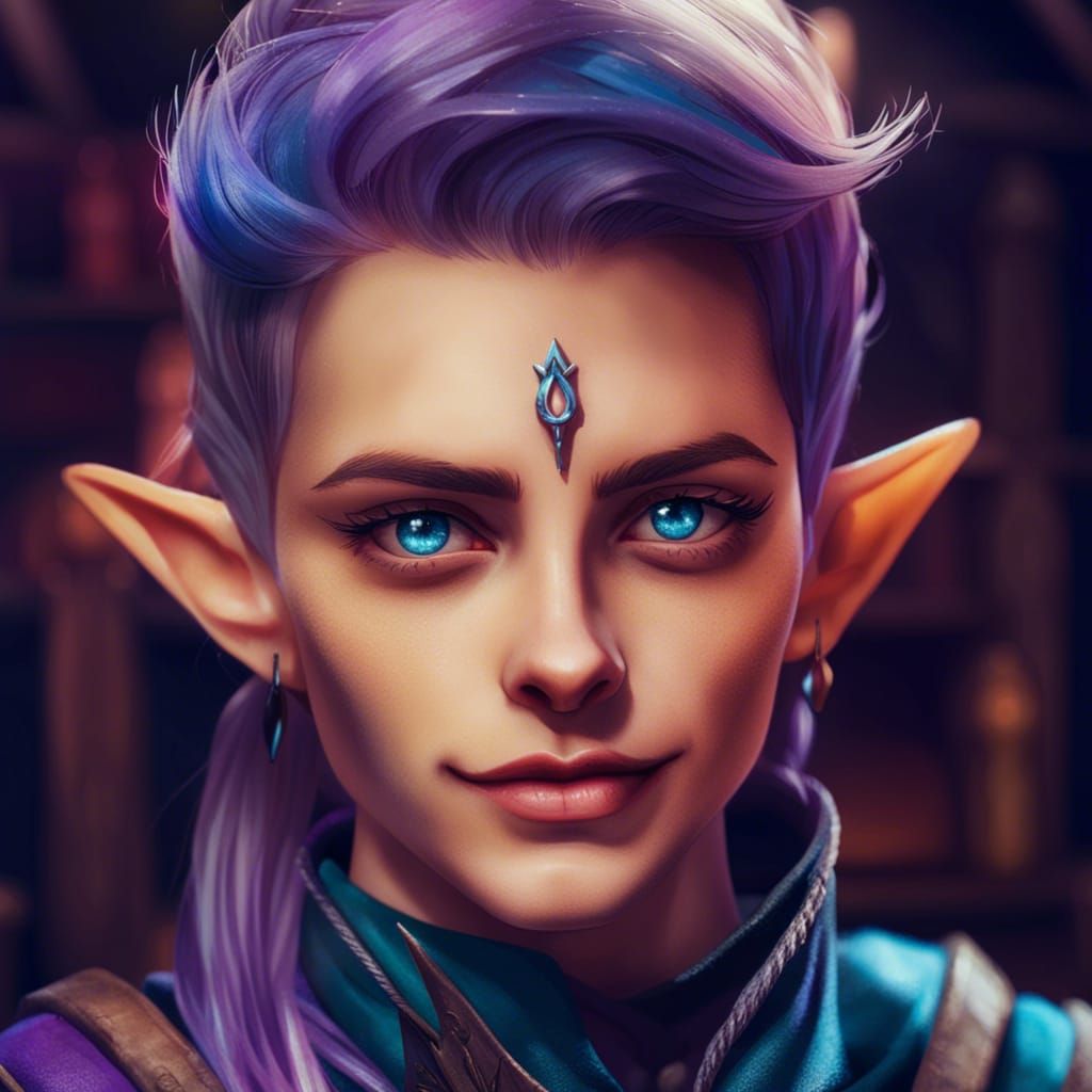 Androgynous Elf Wizard in Tavern, Photorealistic Fantasy