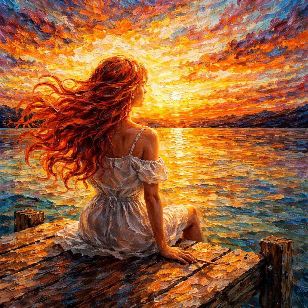 Woman on Pier at Sunset, Impasto Painting