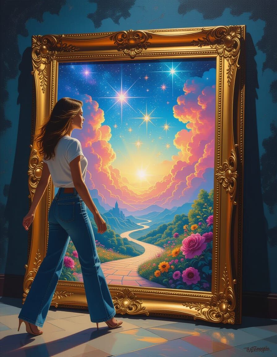 Woman Steps Through Frame to Luminous World