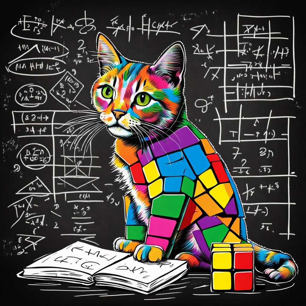 Rubik's Cube Cat on Blackboard - AI Art