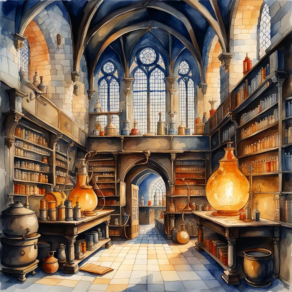 Medieval Alchemical Laboratory in Watercolor Style
