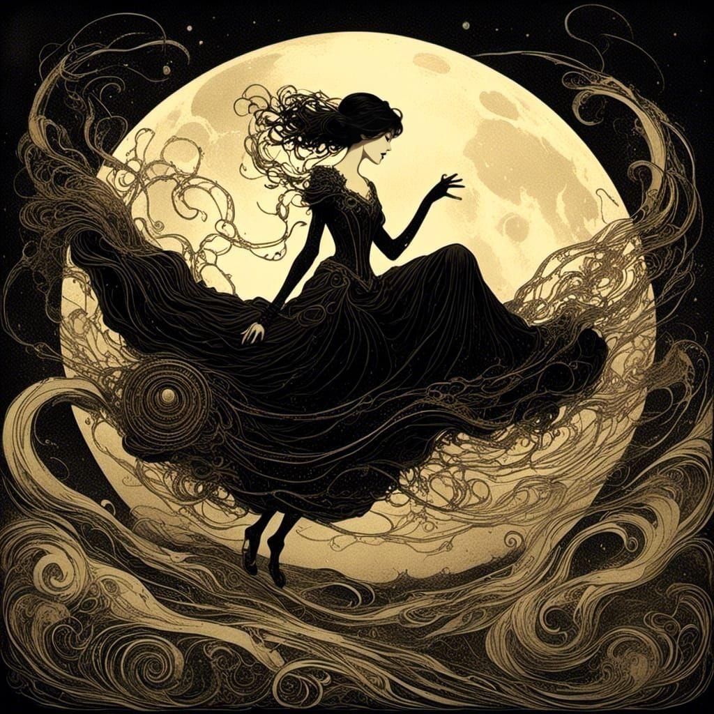 Macabre Woman Levitation Before Moon