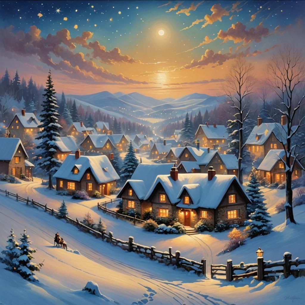 Snowy Village Under Starry Night Sky in Oil Painting Style