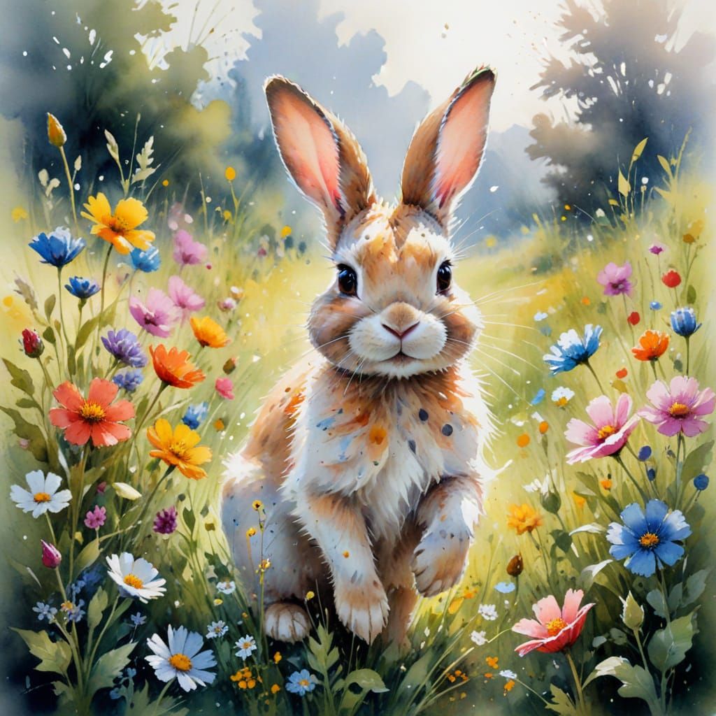 Vibrant Watercolor Bunny in a Whimsical Wildflower Meadow
