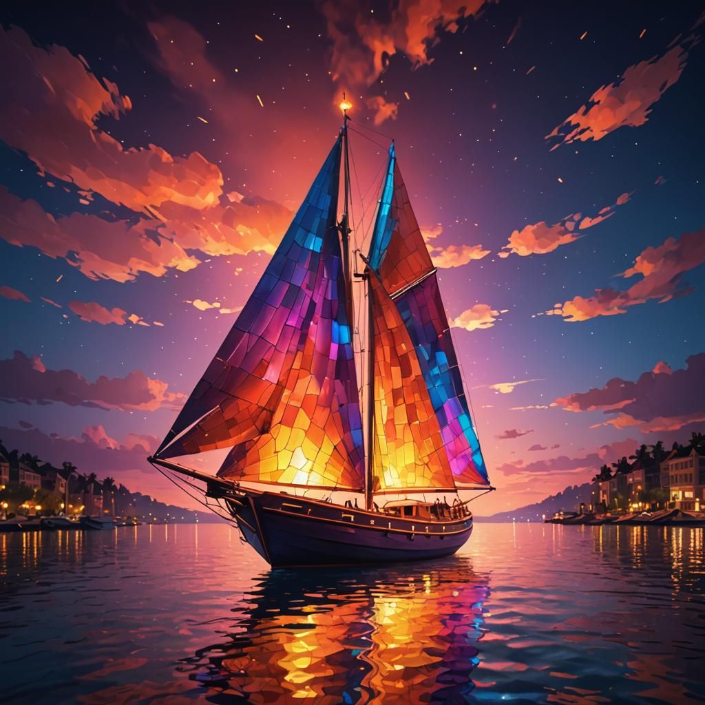 Iridescent Fire Sailboat at Night: Maximalist Art