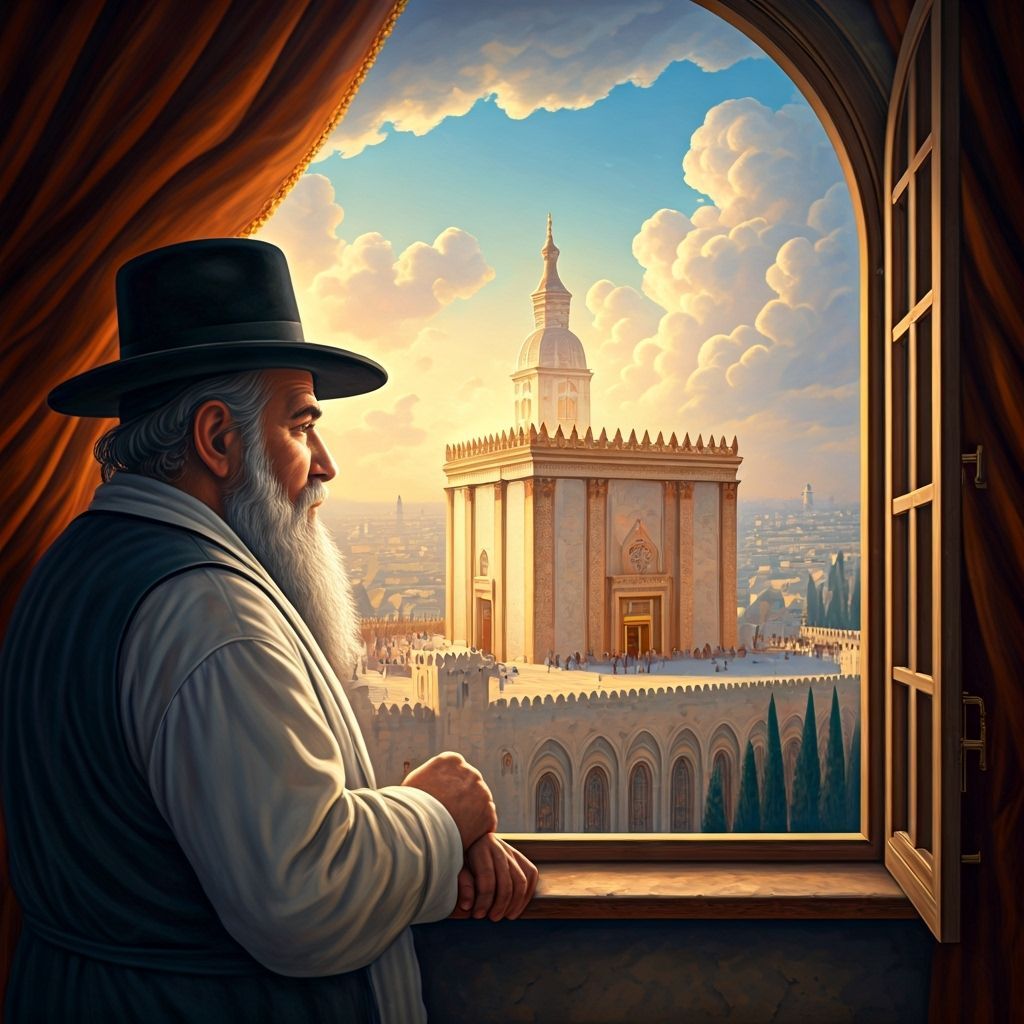 A very mature, chubby, Hasidic ultra-Orthodox Jew stands at the window of his house in front of a breathtaking view of t...