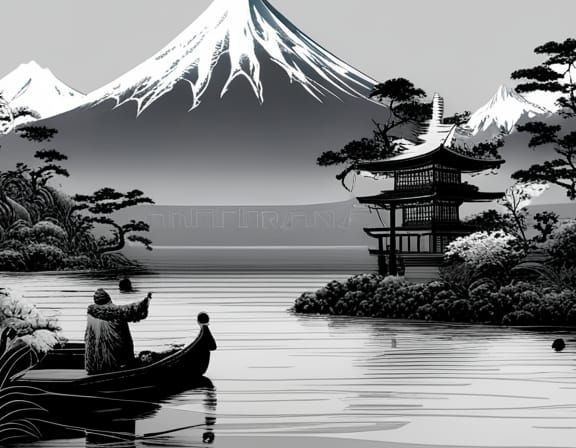 Monochromatic Japanese Lake Scene with Fishing Boat