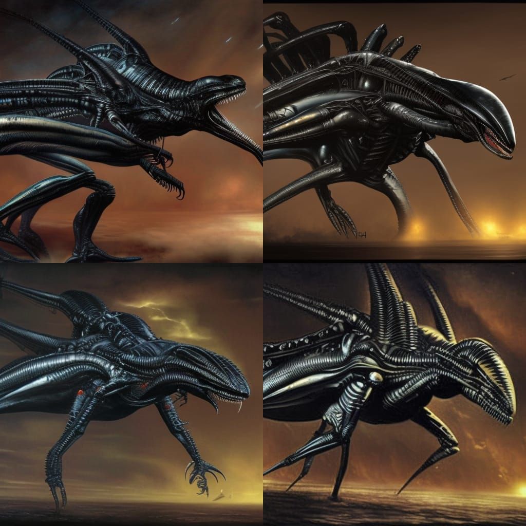 Gamera and Alien Queen Fusion in Giger Style