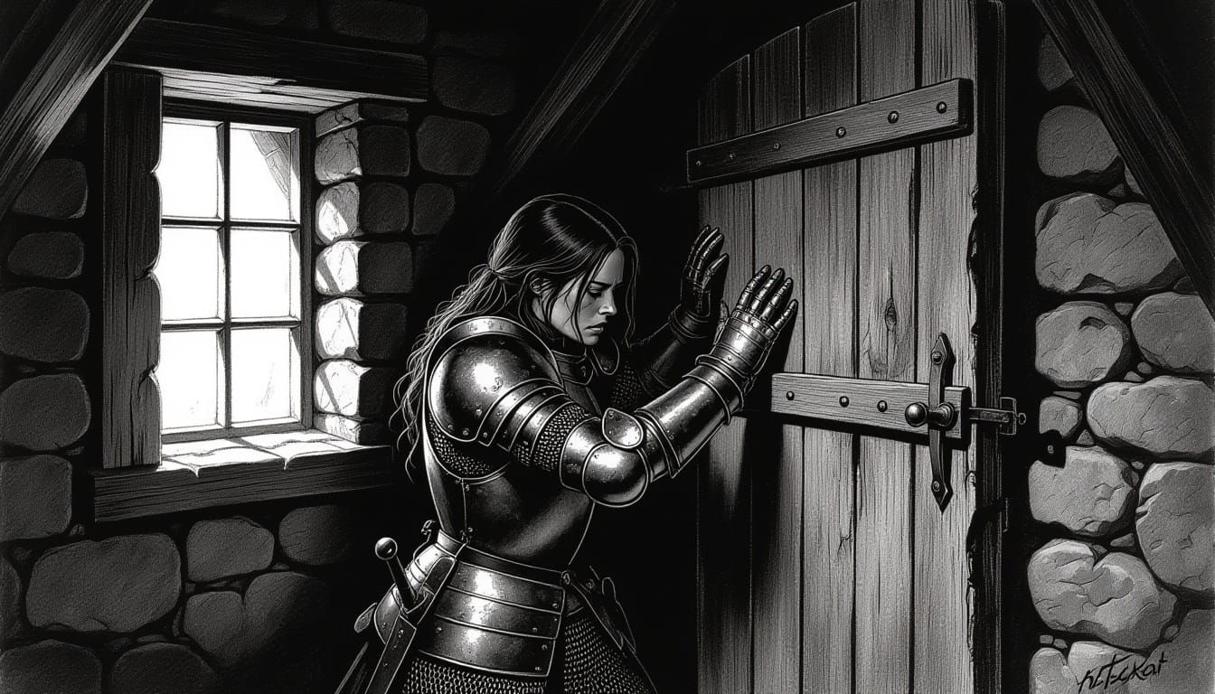 Weary Knight Fights Unseen Force in Stone Cottage