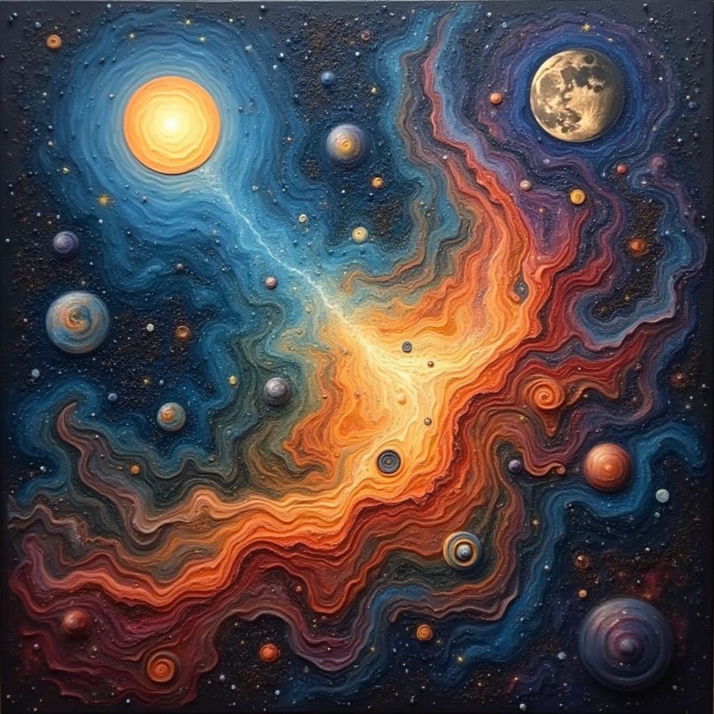 Surreal Outer Space Nebula with Planets and Moon