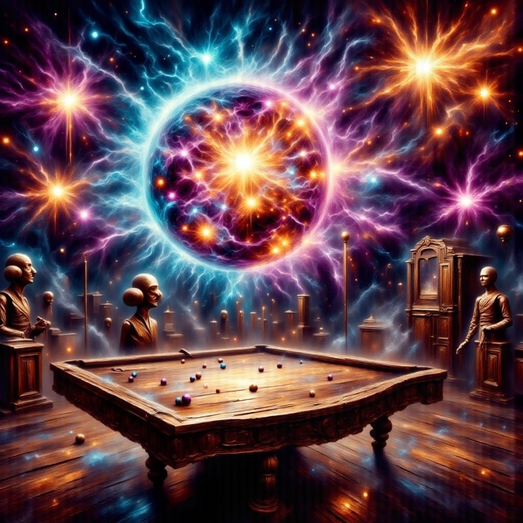 Surreal Cosmic Pool Players Gather in a Swirling Nebula