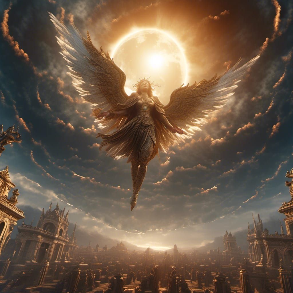 Angel King Soaring Over Solar Eclipse: Hyperreal Digital Art