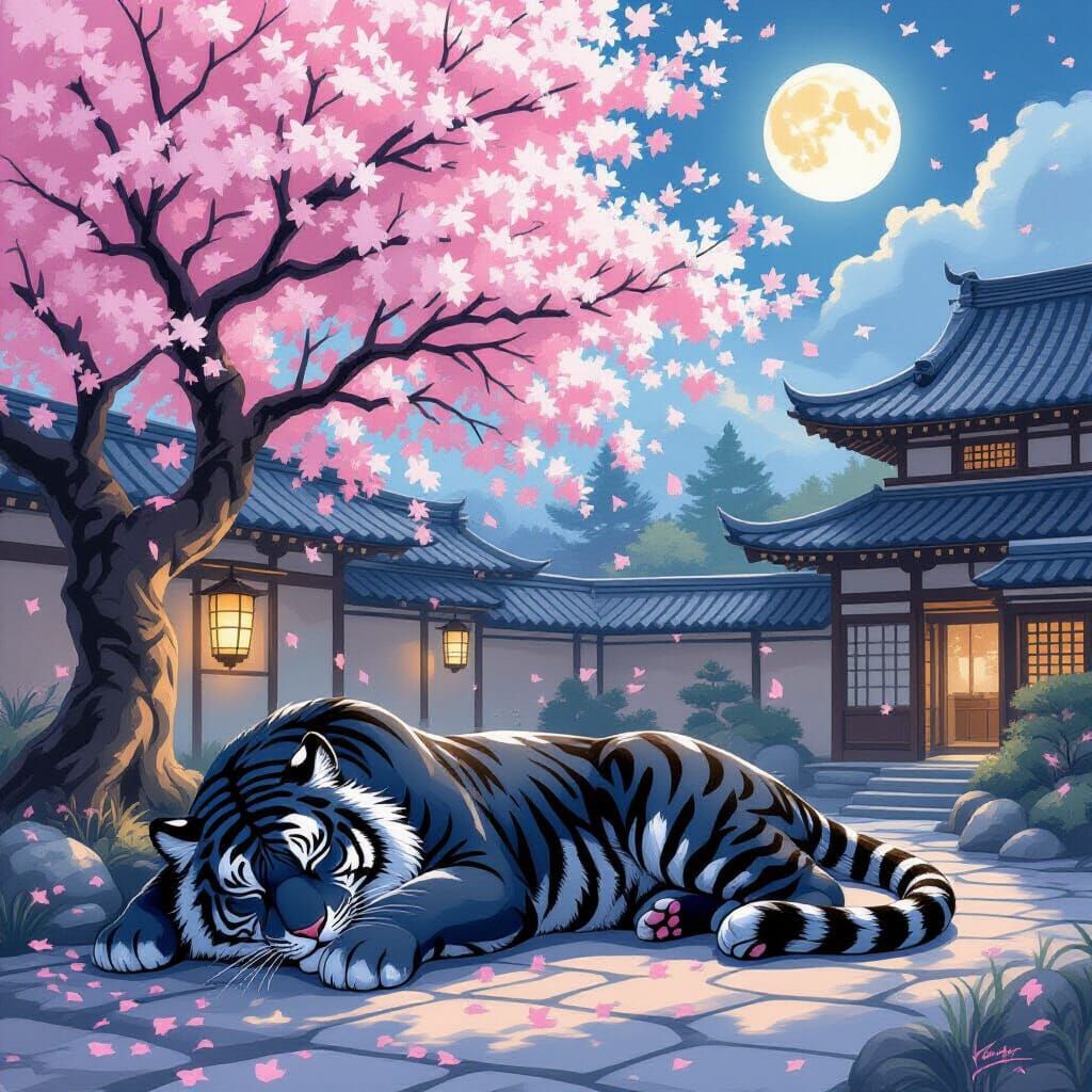 Peaceful Tiger Dream Under Cherry Blossoms