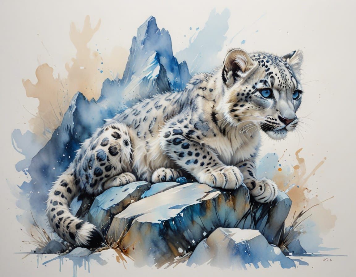 Snow Leopard Cub in Watercolour Mountain Landscape