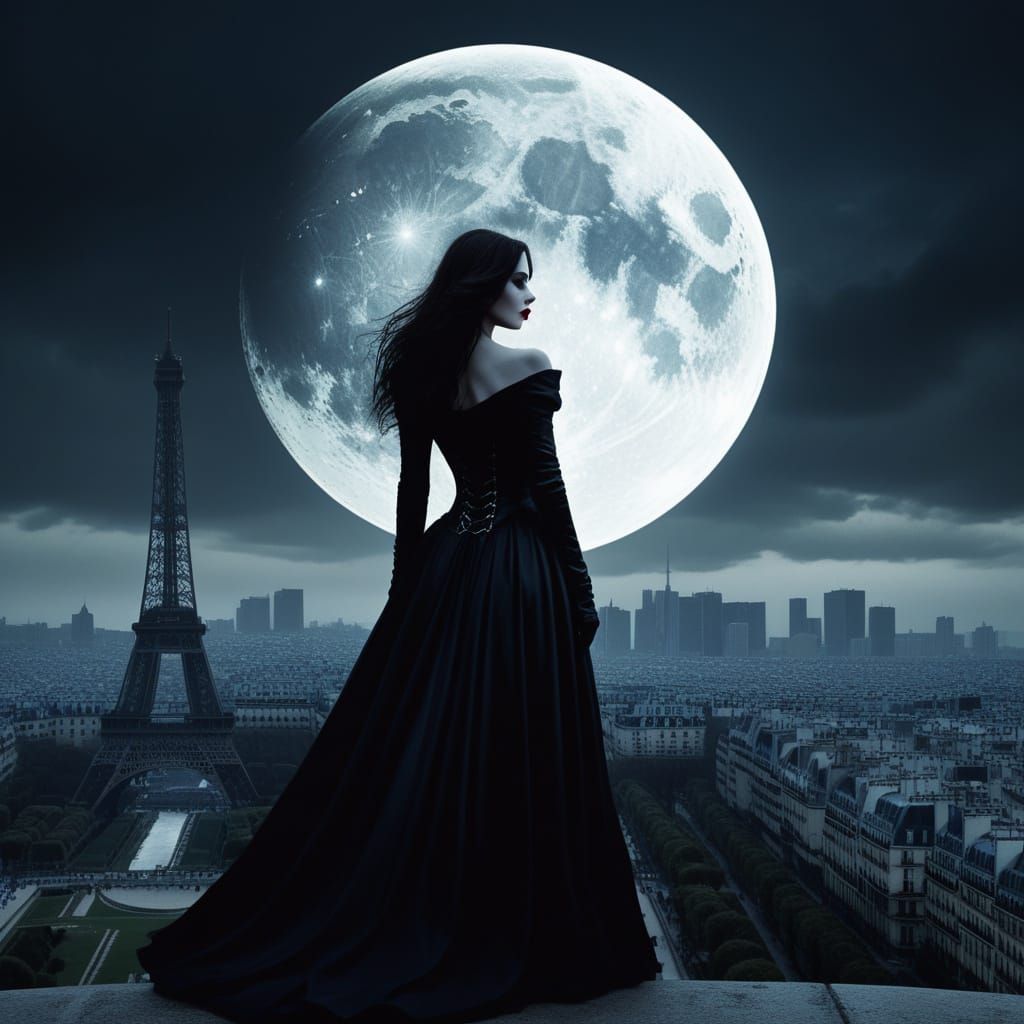 Vampire on Eiffel Tower Under Luminous Moon