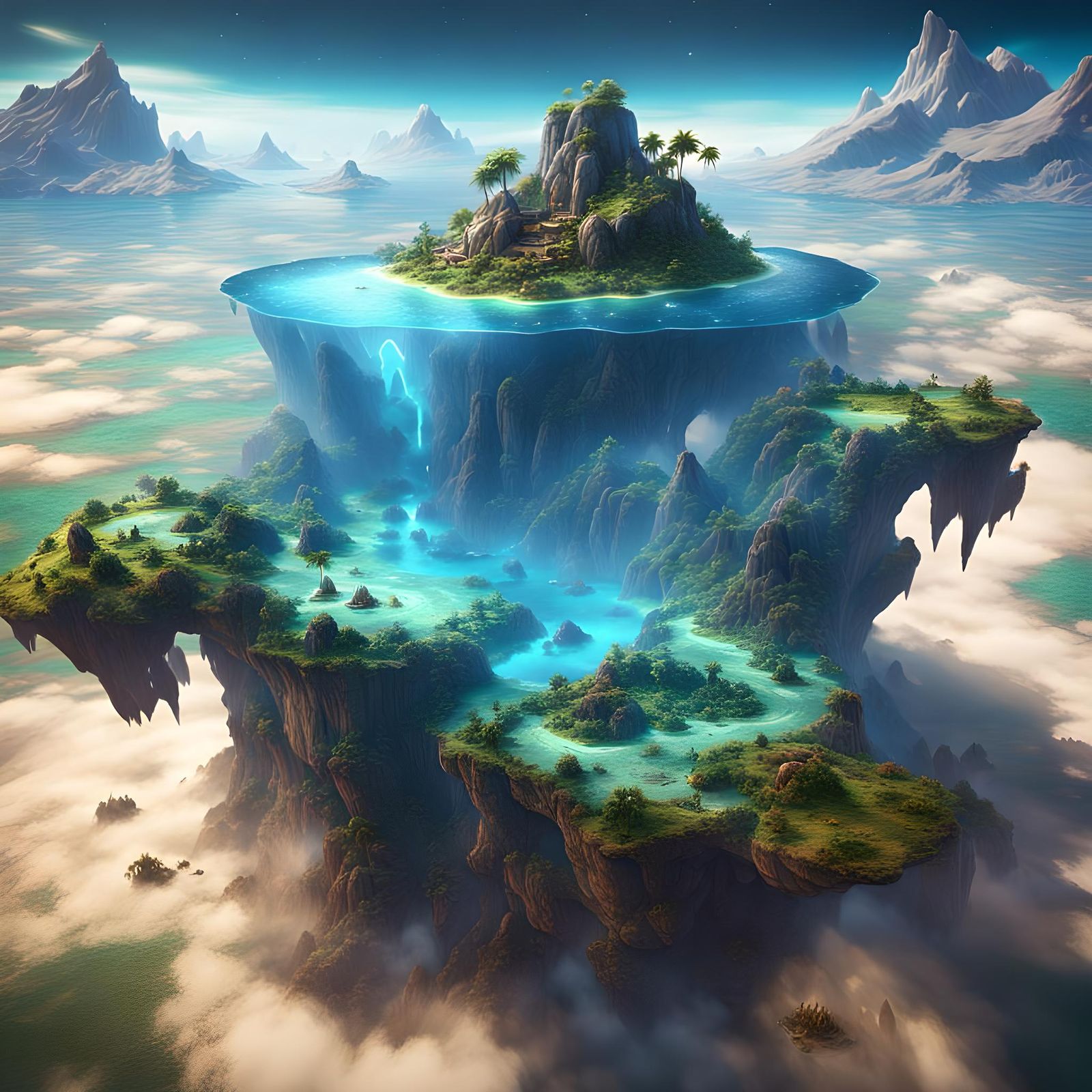 Fantastical Space Island Made of Crystal Water