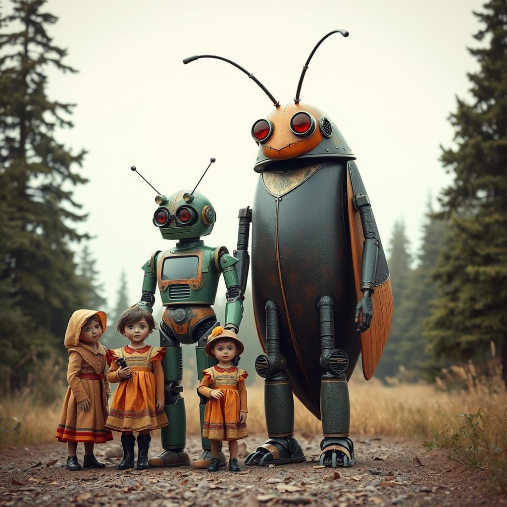 Retro Folkloric Robots Family Beside a Giant Insect