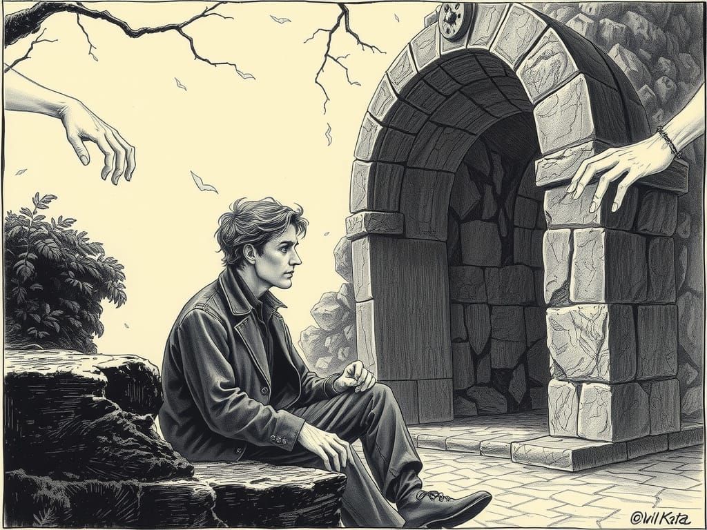 Haunting Tomb Scene with Ghostly Hands, Detailed Ink Art