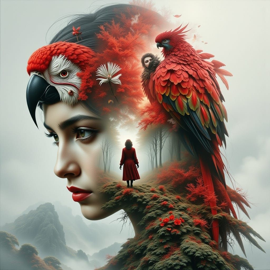 Surreal Double Exposure Photograph of Girl with Parrot