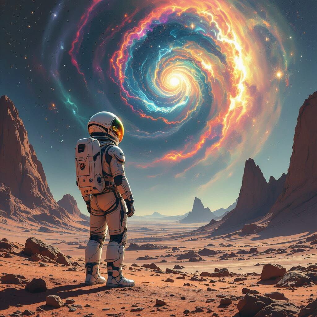 Astronaut Gazes at Nebula on Alien Planet