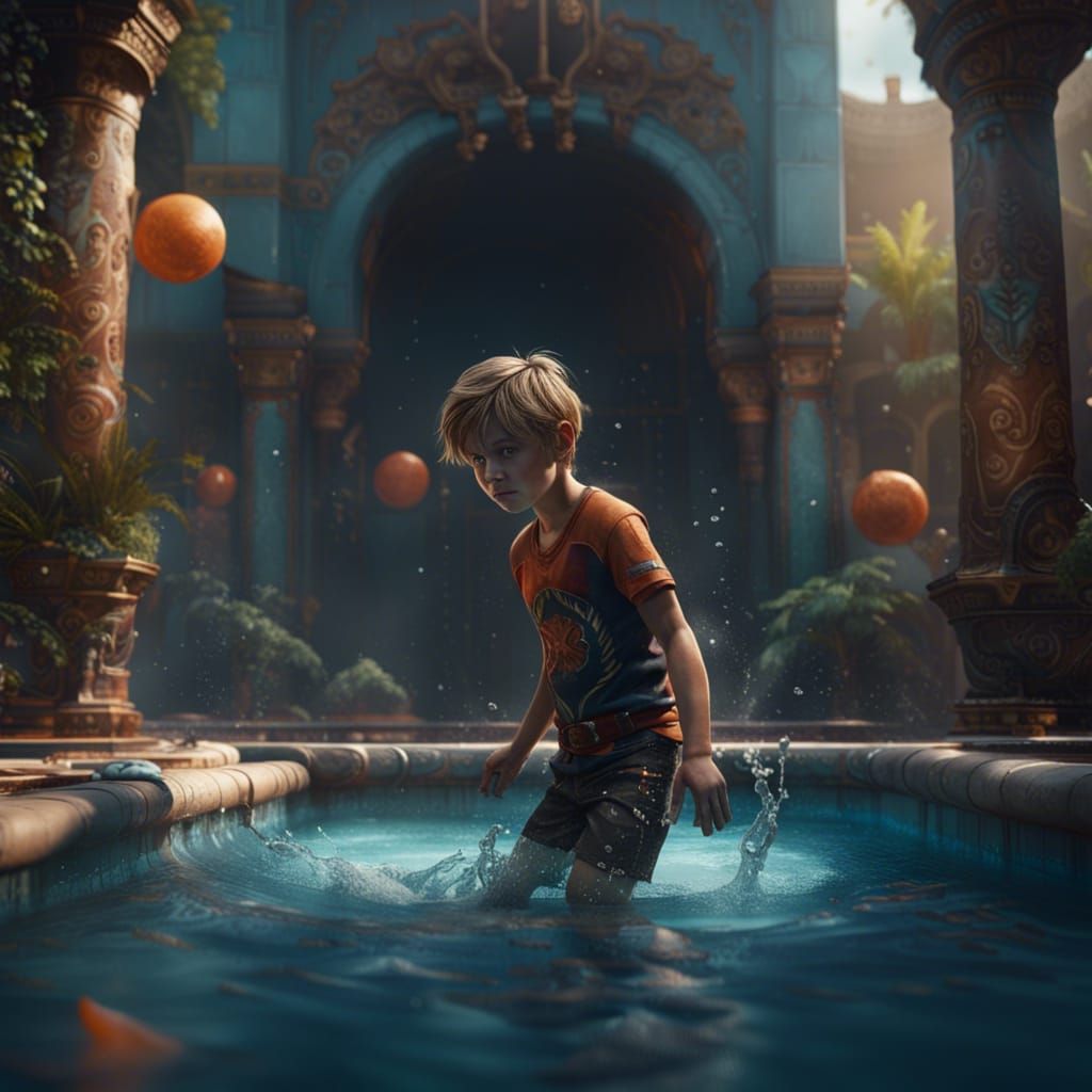 Boy Playing in Pool: Detailed Matte Painting