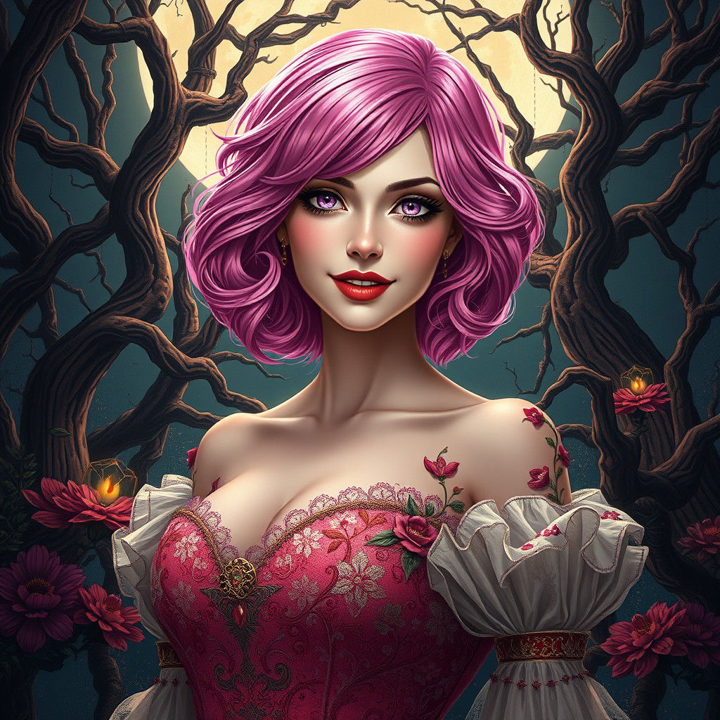Pink-Haired Woman in Gothic Garden, Art Nouveau Portrait