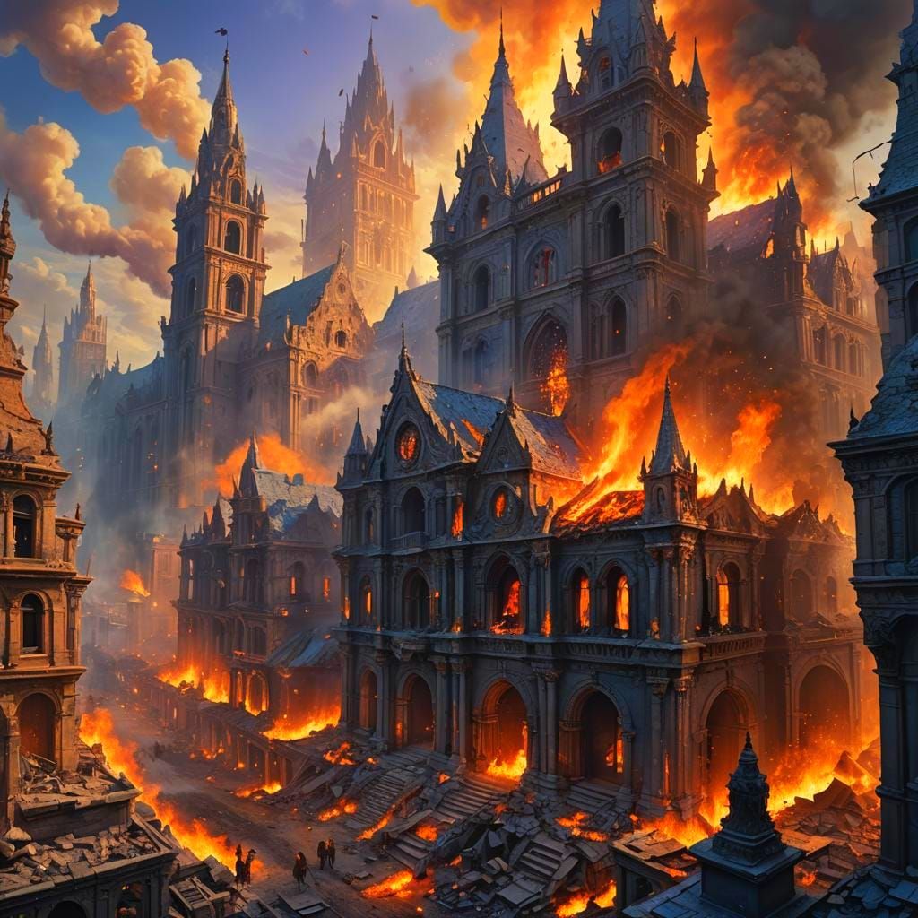 Burning City: Detailed Fantasy Concept Art