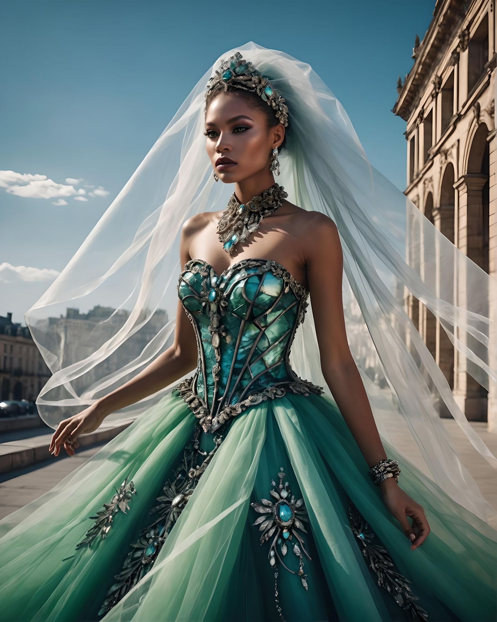 Cyborg Fashion Model in Tulle, Vogue Style