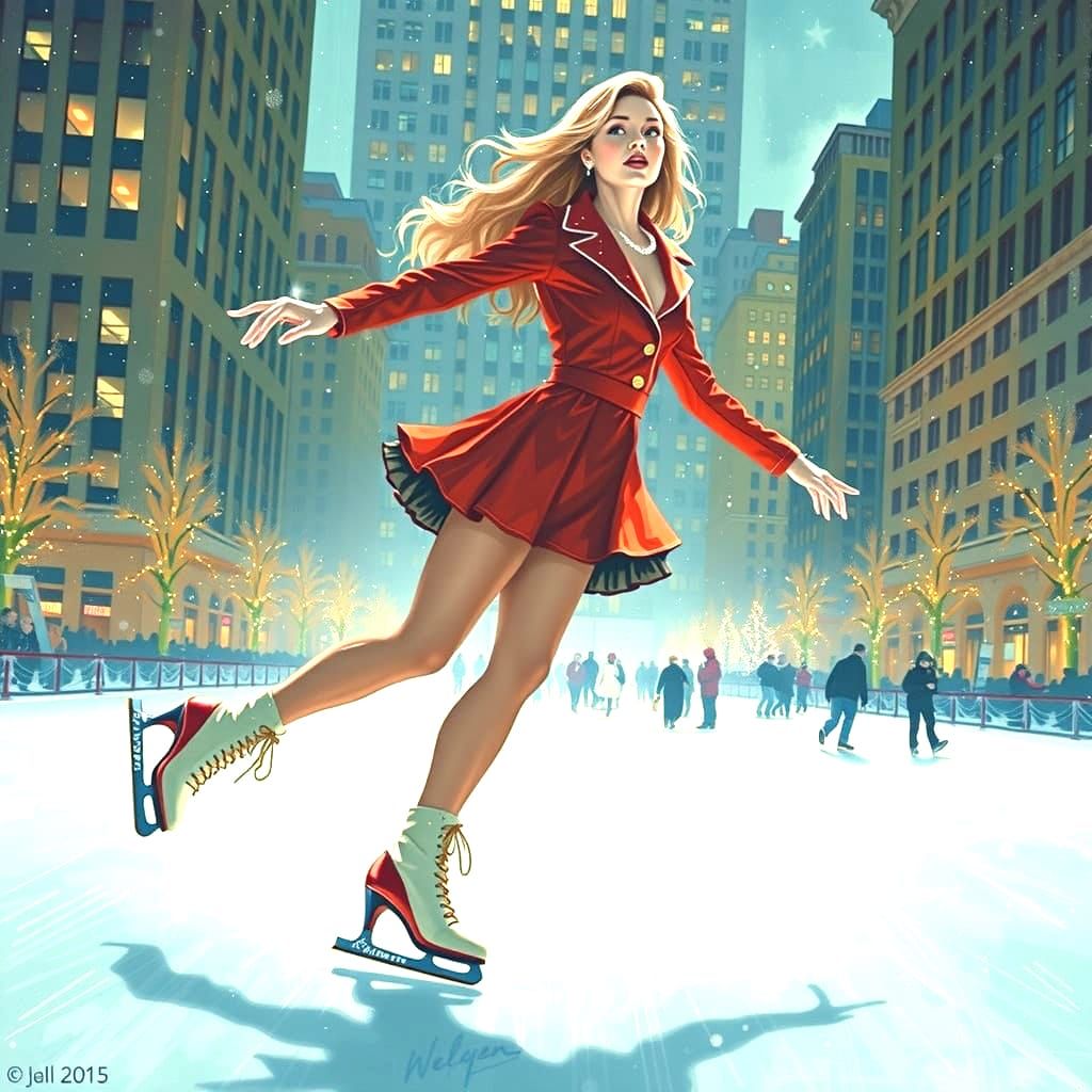 Blonde Ice Skater in Red Mini Skirt Suit, Rockefeller Center