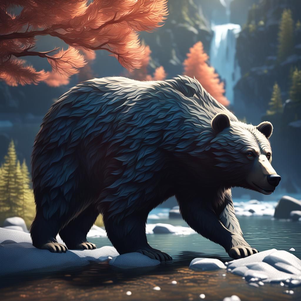 Bear Fishing for Salmon in a Sunset Landscape