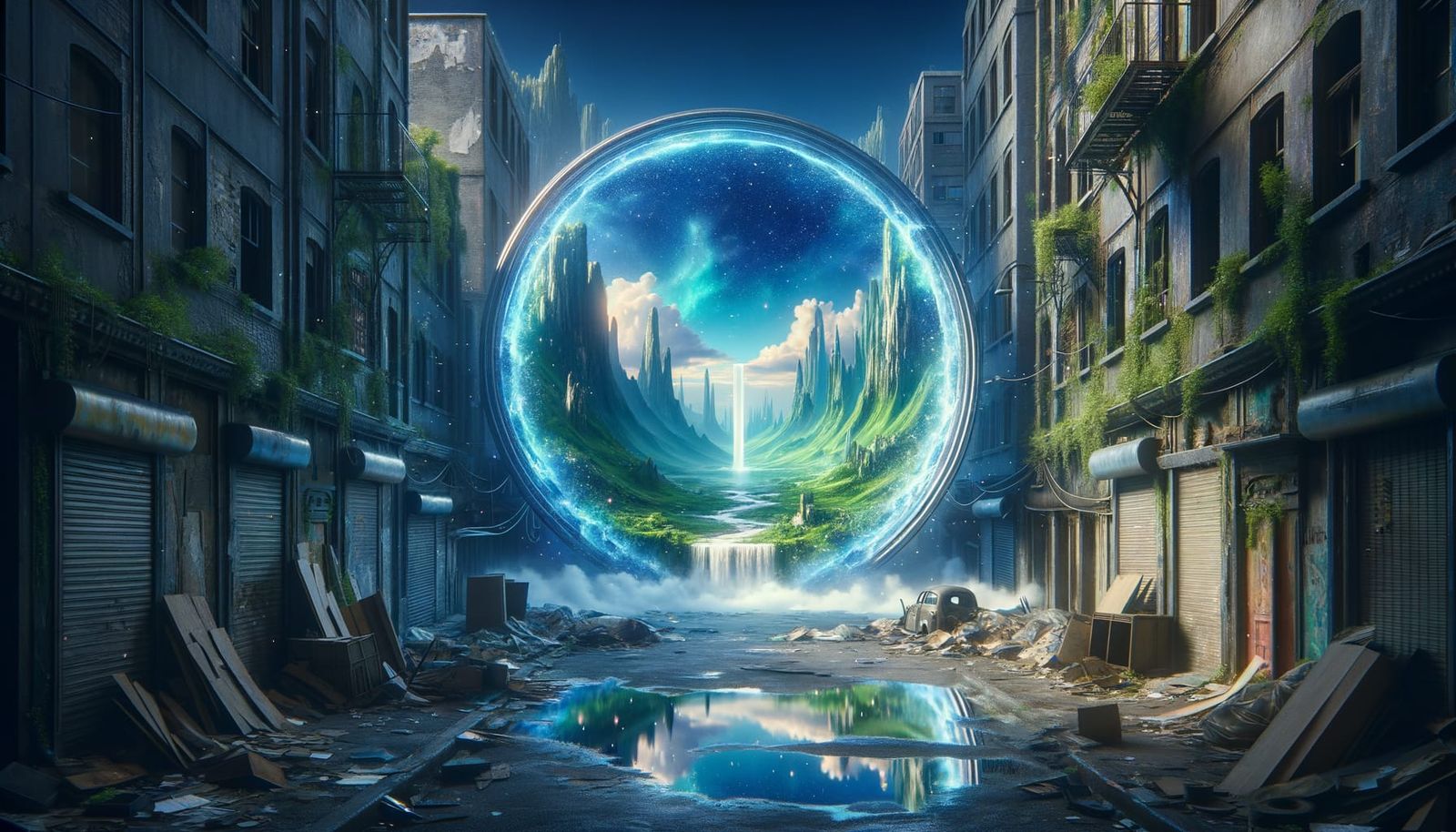 in a dark neglected city run down street a large shimmering circular vertical portal is opened and through it can be vie...