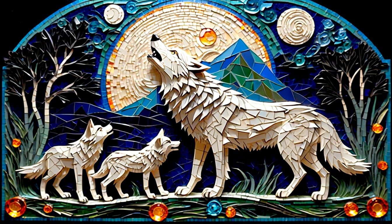 Art Deco Wolf Family Under Full Moon Mosaic