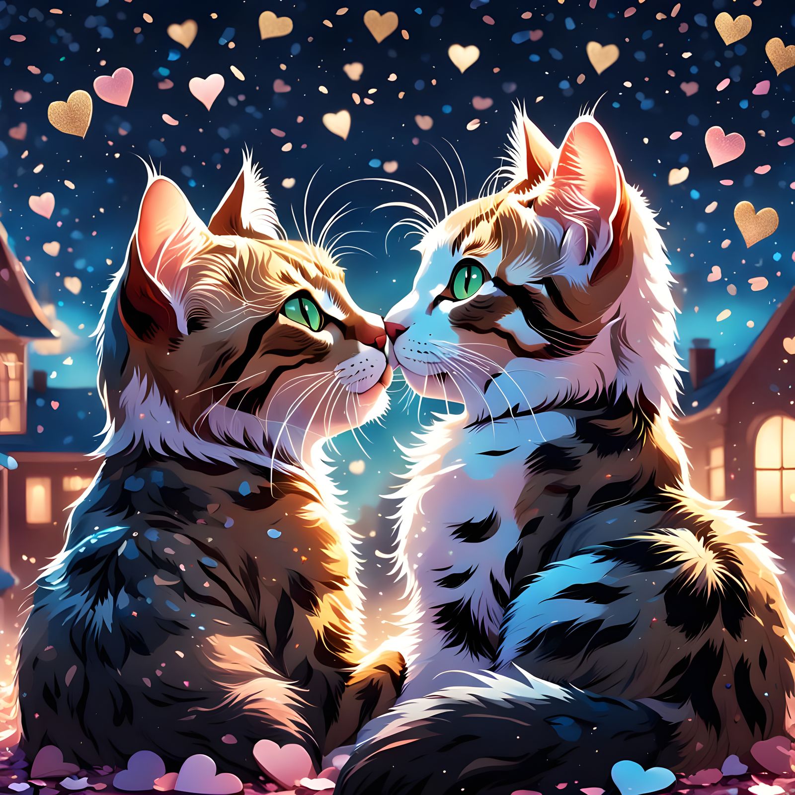 Cute Starlit Feline Lovers in Hyperrealistic Splash Art