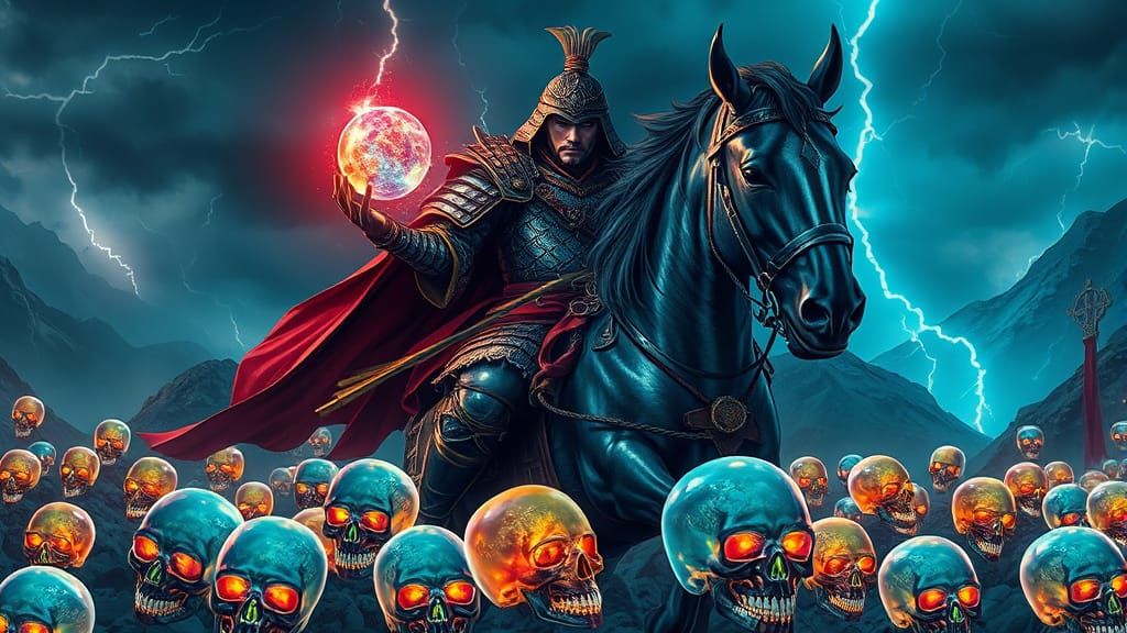 Ethereal Samurai Warrior with Luminescent Glass Skulls and L...