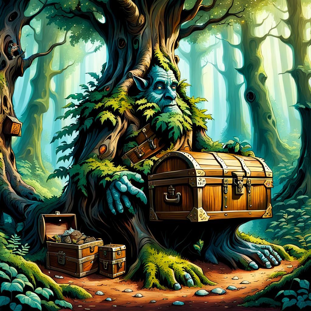 Living Tree Ent and Treasure Chest Fantasy Art