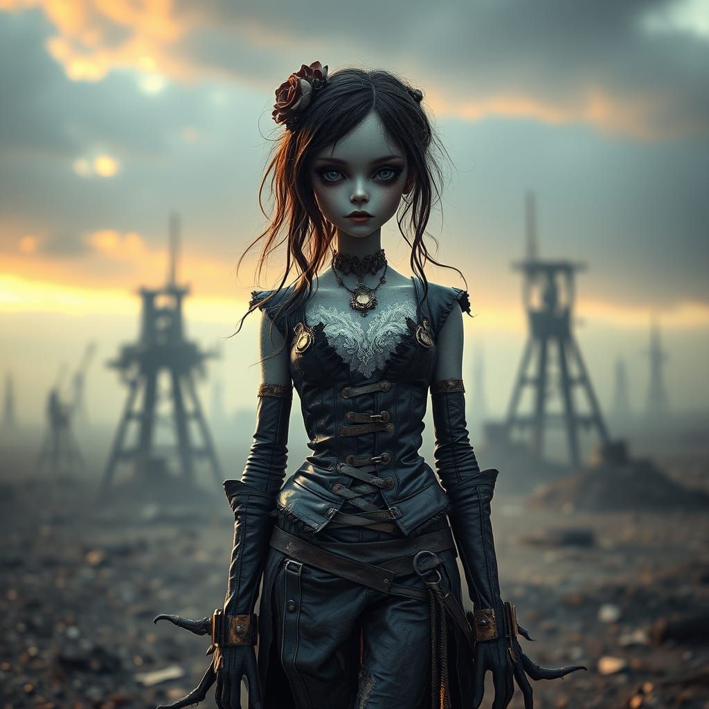 Steampunk Doll Amidst Cyberpunk Ruins